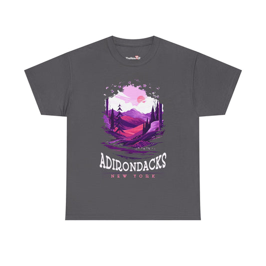 Adirondacks New York Mountain Tee — Purple Sunset Landscape Shirt