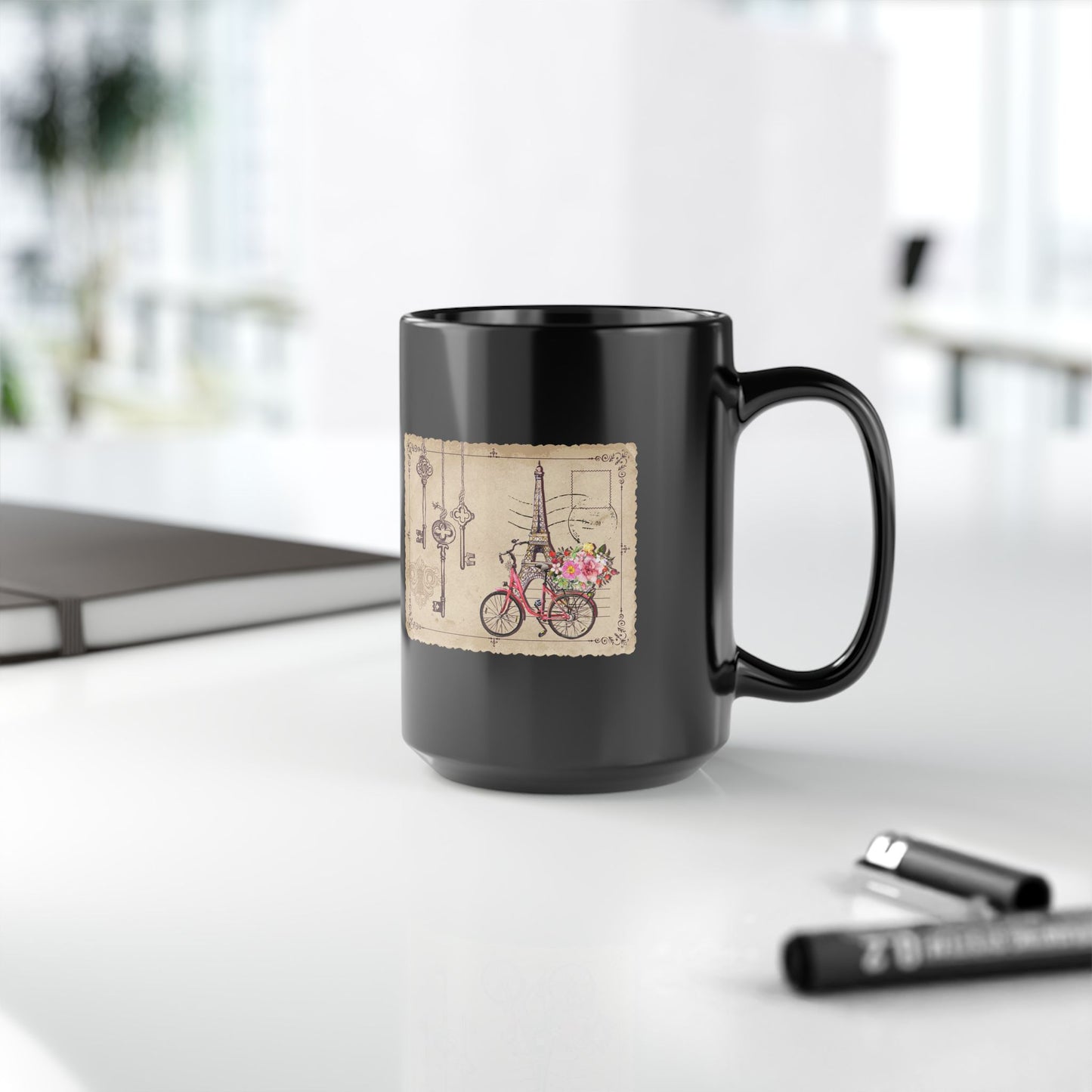 Paris Bicycle Floral Black Mug