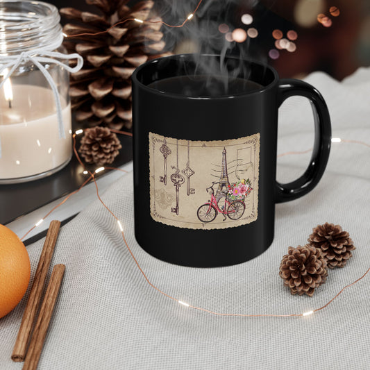 Paris Bicycle Floral Black Mug