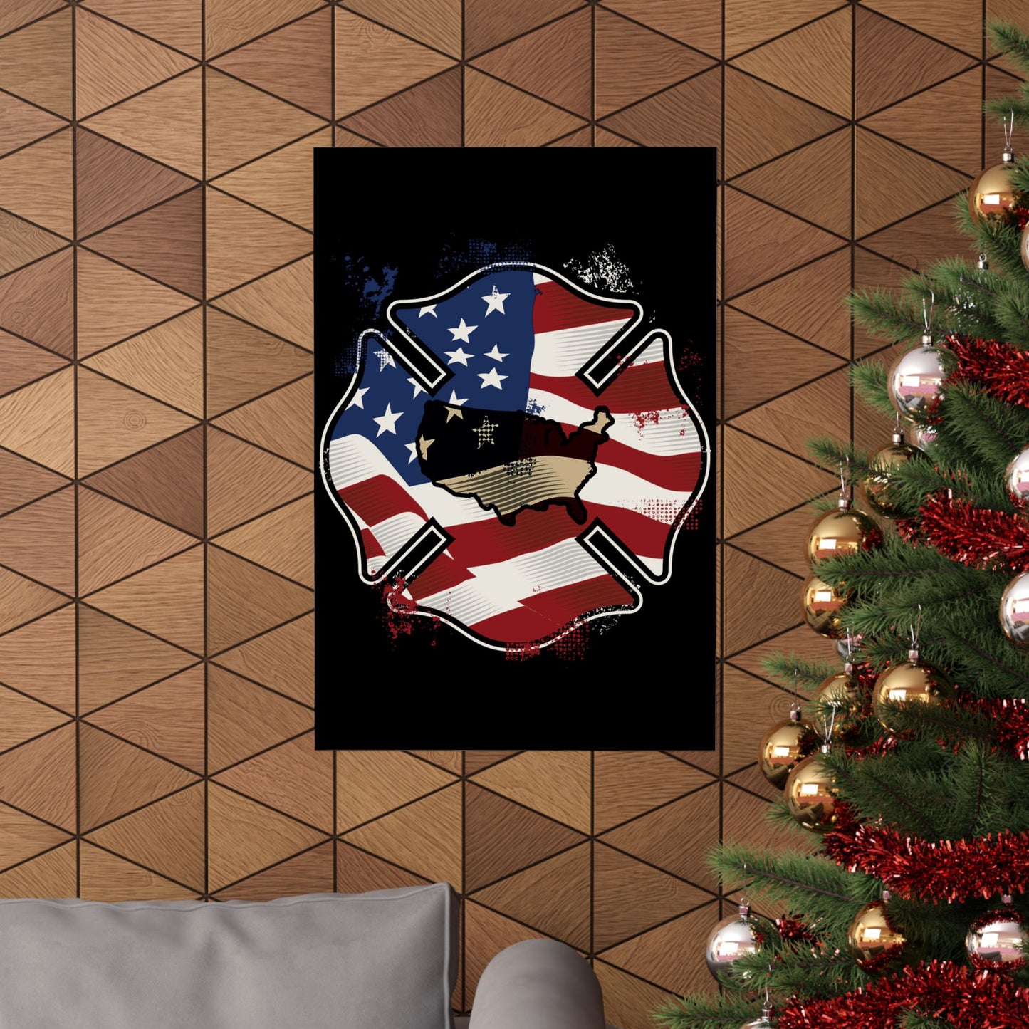 American Flag Firefighter Usa United States Badge - Wall Art