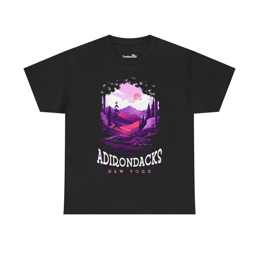Adirondacks New York Mountain Tee — Purple Sunset Landscape Shirt