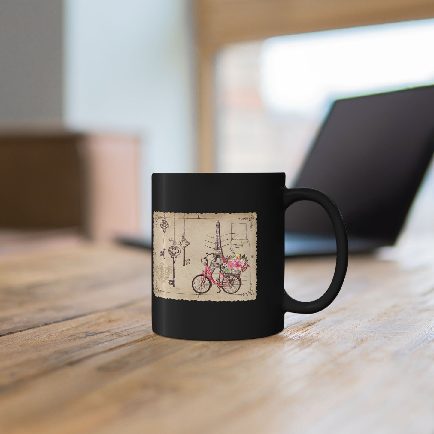 Paris Bicycle Floral Black Mug