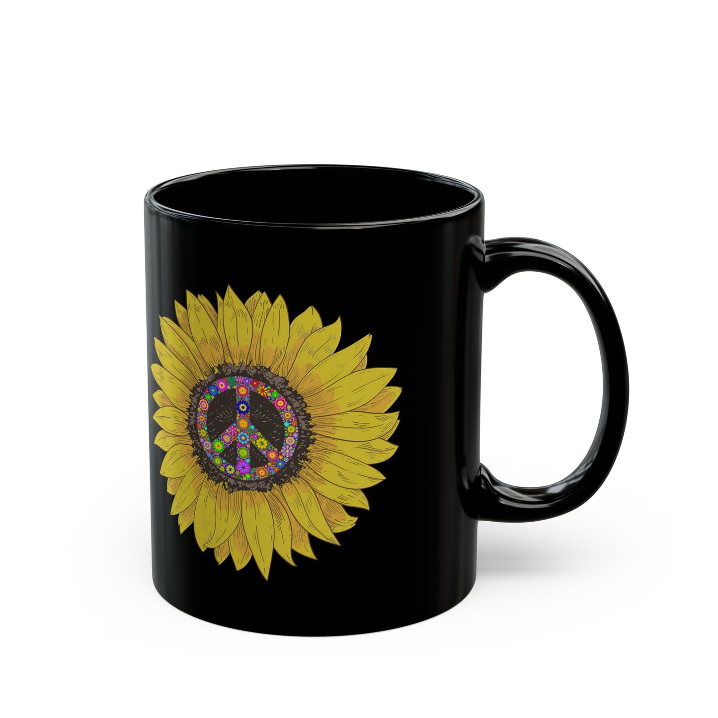 Peace Sign Bright Colorful Flower 60S 70S - Black Mug