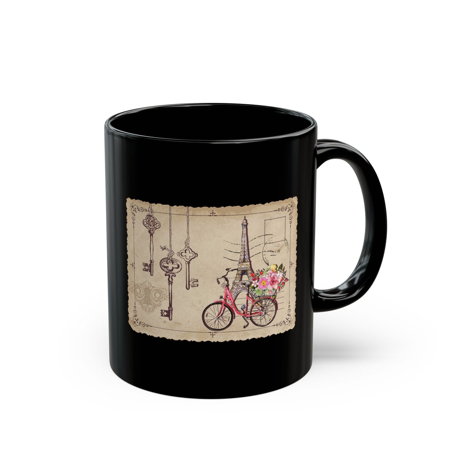 Paris Bicycle Floral Black Mug